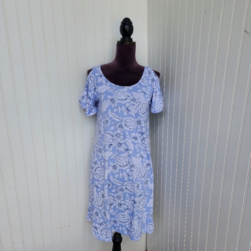 Harlow & Rose Womens Cold Shoulder Floral Dress Blue White Lace Up Back Detail S